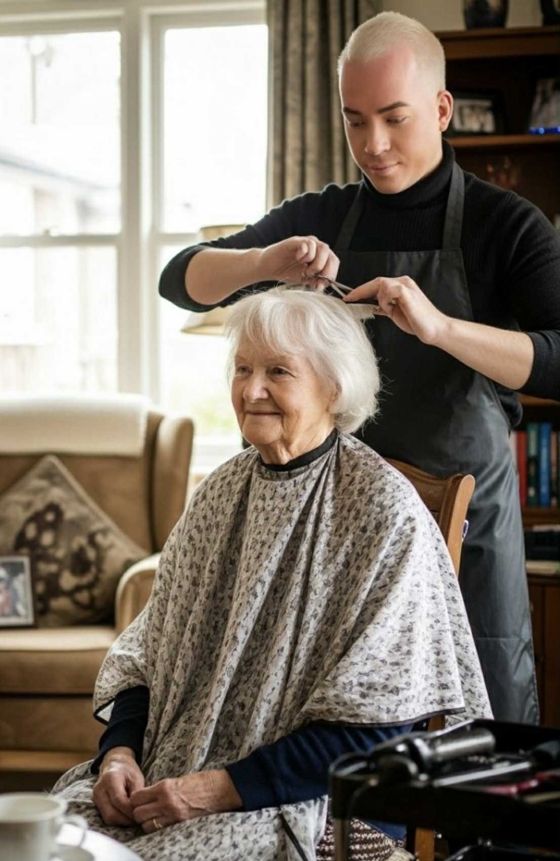 Frisør Magnus klipper en eldre dame forsiktig hjemme i hennes egen stue i Oslo - mobil frisørtjeneste Hjerteklipp